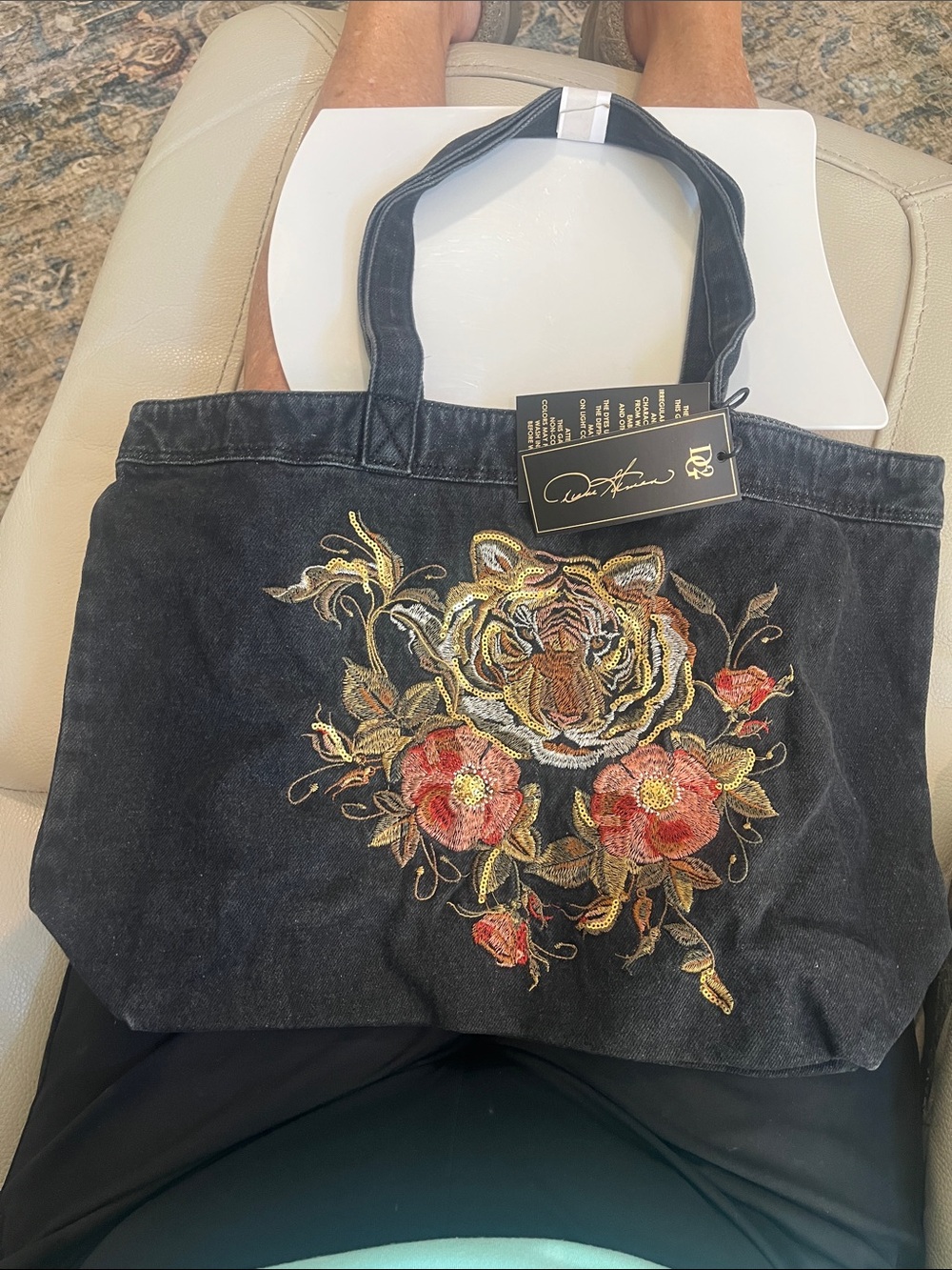 DG2 by Diane Gilman Black Tote with Embroidered Tiger & Floral Motif